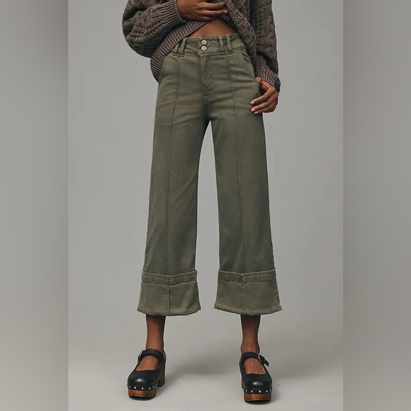 Anthropologie - Pilcro Wide-Leg Cuffed Pants - Olive Green - Picture 2 of 12